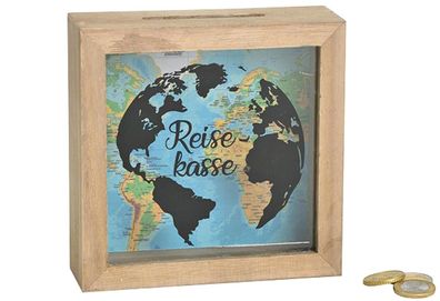 Spardose "Reisekasse" Holz / Glas 15x15x5 cm