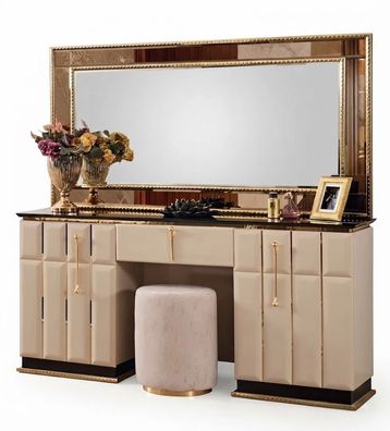 Moderner Beiger Schminktisch Spiegel Holz Kosmetiktisch Luxus Design Set