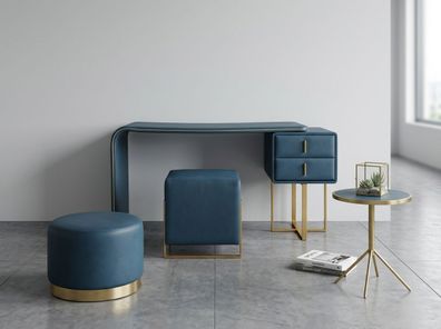 Moderner Blauer Schminktisch Kunstleder Metall Kosmetiktisch Hocker