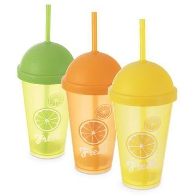 Plastikbecher mit Deckel und Strohhalm 450 ml 3 Stück