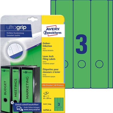 AVERY Zweckform L4754-20 Ordnerrücken Etiketten (mit ultragrip, 61 x 297 mm auf DIN A