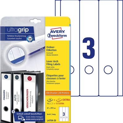 AVERY Zweckform L4759-25 Ordnerrücken Etiketten (mit ultragrip, 61 x 297 mm auf DIN A