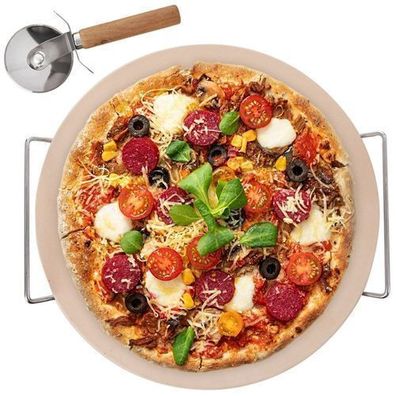 Pizzastein aus feuerfestem Ton mit Ständer und Messer, 3-teilig