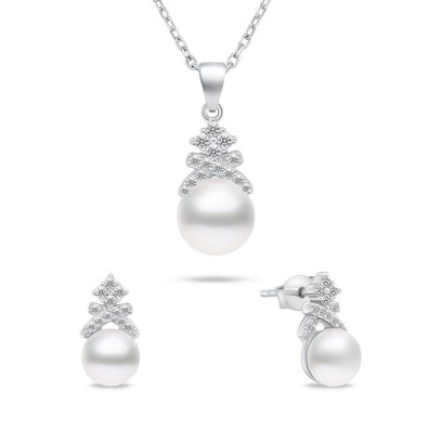 Charmantes Silber Perlenschmuck Set SET238W (Ohrringe, Halskette)