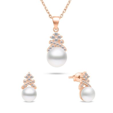 Charmantes Bronze Perlenschmuck Set SET238R (Ohrringe, Halskette)