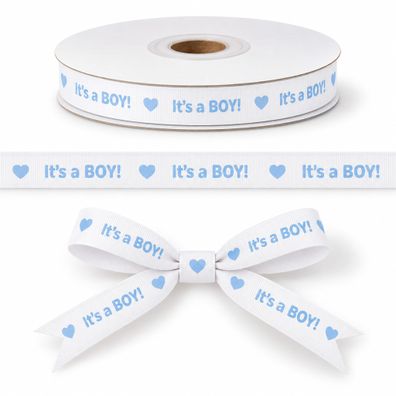 Geschenkband Baby / Its a Boy 12mm x 10m Rolle weiß / blau