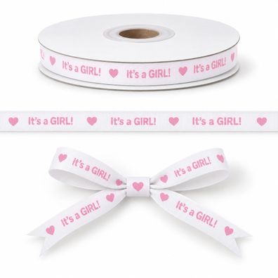 Geschenkband Baby / Its a Girl 12mm x 10m Rolle weiß / rosa
