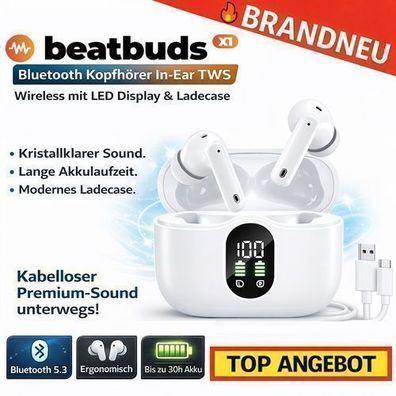 beatbuds™ X1 Bluetooth Kopfhörer In-Ear TWS Wireless mit LED Display & Ladecase
