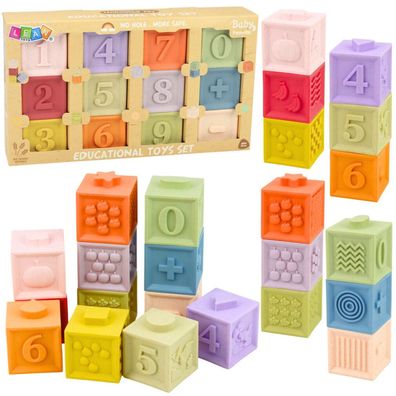 Set mit 12 pädagogischen Gummi-Sensorikblöcken mit Zahlen und Texturen