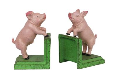 Buchstütze Buchende 2er Set Gusseisen Motiv: Schwein Höhe 13,7 cm
