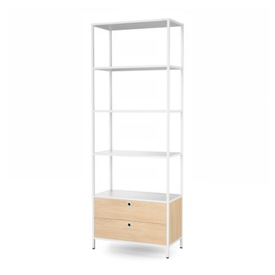 Büroregal mit Schubladen offene Fachböden, aus Metall, weiß/Sonoma, 800 ×2200 ×400 mm