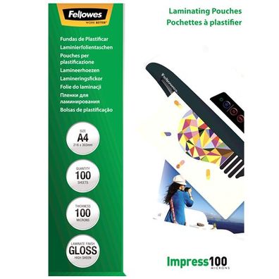 Fellowes Laminierfolien A4, 100 Mikron (2 x 100 mic), glänzend, 100 Stück
