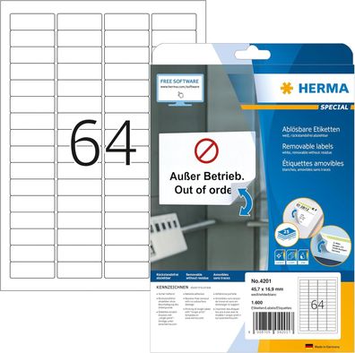 HERMA 4201 Sichtreiteretiketten ablösbar, 25 Blatt, 45,7 x 16,9 mm, 64 pro A4 Bogen,