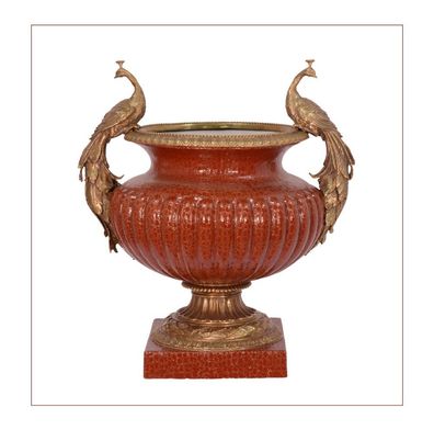 Deko Vase Urne Pokal Porzellan auf Bronzesockel rot gold 48,8 cm