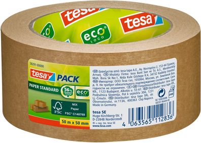 tesa PACK Papier Standard - Umweltschonendes Paketband aus Papier, 56 % biobasiertes