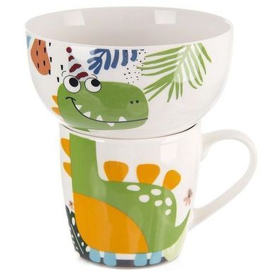 Kinderbecher mit Schüssel, Porzellandinosaurier, 2-teilig