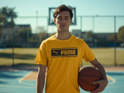 Puma T-Shirt Herren M Logo Print Gelb Mustard 100% Baumwolle sehr gut