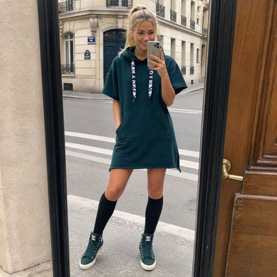 DKNY Sport Sweatkleid Longshirt Damen M Dunkelgrün Kurzarm Kapuze Logo Hoodie