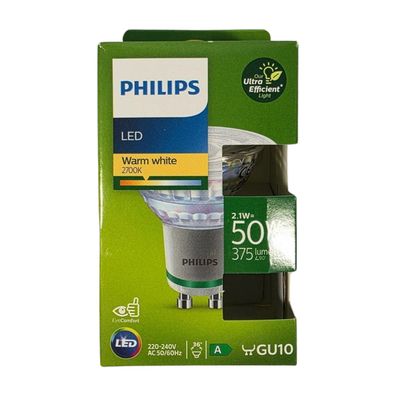 Philips LED-Spot GU10 2,1W 50W Äquivalent 375lm 2700K Warmweiß Ultra Efficient