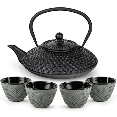 Bredemeijer Asia Teekannen Set 1,25 L Gusseisen schwarz mit 4 Teebechern grün