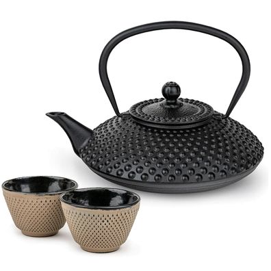 Bredemeijer Asia Teekannen Set 1,25 L Gusseisen schwarz mit 2 Teebechern sand