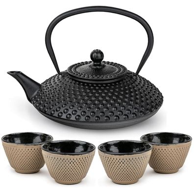 Bredemeijer Asia Teekannen Set 1,25 L Gusseisen schwarz mit 4 Teebechern sand