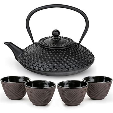 Bredemeijer Asia Teekannen Set 1,25 L Gusseisen schwarz mit 4 Teebechern lila