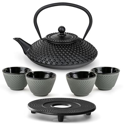 Bredemeijer Teekannen Set 1,25 L Gusseisen schwarz 4 Teebecher grün Untersetzer