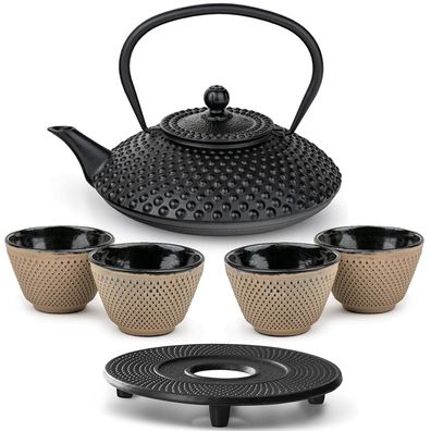 Bredemeijer Teekannen Set 1,25 L Gusseisen schwarz 4 Teebecher sand Untersetzer