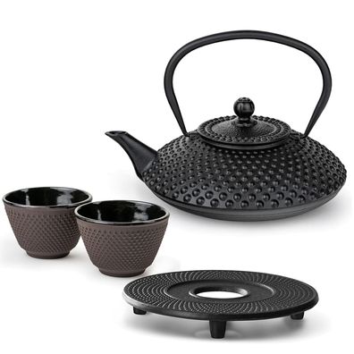 Bredemeijer Teekannen Set 1,25 L Gusseisen schwarz 2 Teebecher lila Untersetzer