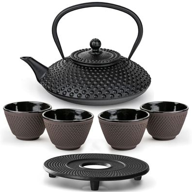 Bredemeijer Teekannen Set 1,25 L Gusseisen schwarz 4 Teebecher lila Untersetzer