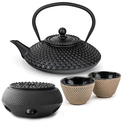 Bredemeijer Teekannen Set 1,25 L Gusseisen schwarz 2 Teebecher sand mit Stövchen