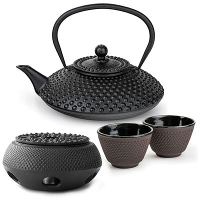 Bredemeijer Teekannen Set 1,25 L Gusseisen schwarz 2 Teebecher lila mit Stövchen