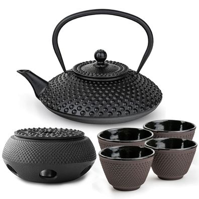 Bredemeijer Teekannen Set 1,25 L Gusseisen schwarz 4 Teebecher lila mit Stövchen
