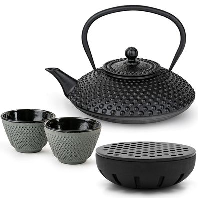 Bredemeijer Teekannen Set 1,25 L Gusseisen schwarz 2 Teebecher grün & Teewärmer