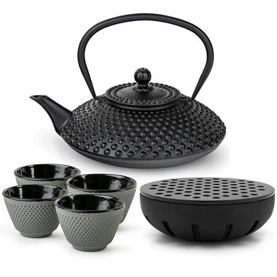 Bredemeijer Teekannen Set 1,25 L Gusseisen schwarz 4 Teebecher grün & Teewärmer