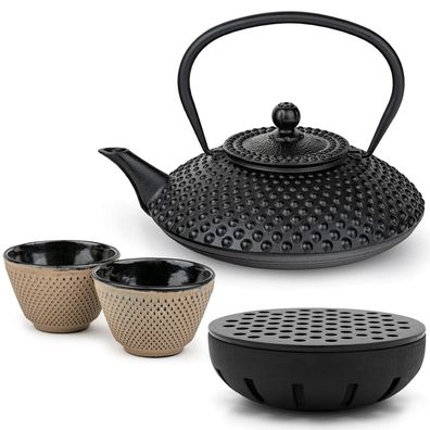 Bredemeijer Teekannen Set 1,25 L Gusseisen schwarz 2 Teebecher sand & Teewärmer