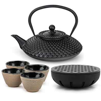 Bredemeijer Teekannen Set 1,25 L Gusseisen schwarz 4 Teebecher sand & Teewärmer
