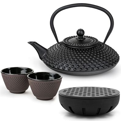 Bredemeijer Teekannen Set 1,25 L Gusseisen schwarz 2 Teebecher lila & Teewärmer