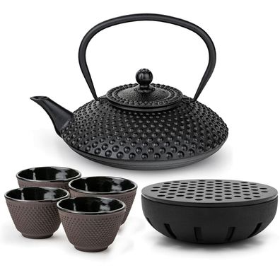 Bredemeijer Teekannen Set 1,25 L Gusseisen schwarz 4 Teebecher lila & Teewärmer