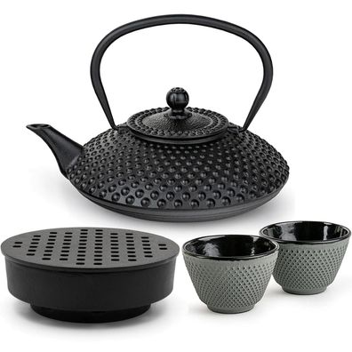 Bredemeijer Gusseisen Teekannen Set 1,25 L schwarz Teewärmer & 2 Teebecher grün