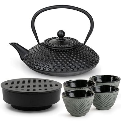 Bredemeijer Gusseisen Teekannen Set 1,25 L schwarz Teewärmer & 4 Teebecher grün