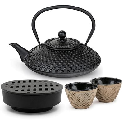 Bredemeijer Gusseisen Teekannen Set 1,25 L schwarz Teewärmer & 2 Teebecher sand