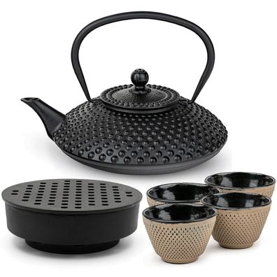 Bredemeijer Gusseisen Teekannen Set 1,25 L schwarz Teewärmer & 4 Teebecher sand
