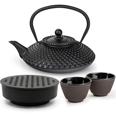 Bredemeijer Gusseisen Teekannen Set 1,25 L schwarz Teewärmer & 2 Teebecher lila