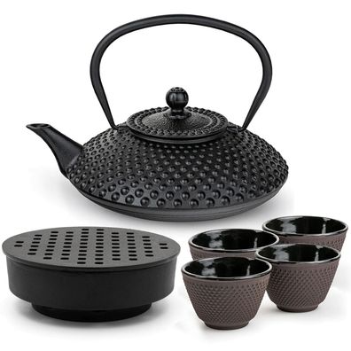 Bredemeijer Gusseisen Teekannen Set 1,25 L schwarz Teewärmer & 4 Teebecher lila