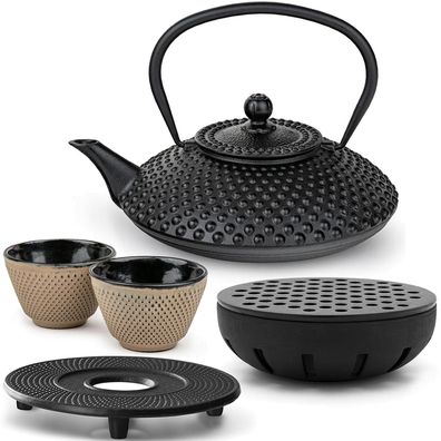 Bredemeijer Teeset 1,25 L Gusseisen schwarz 2 Becher sand Untersetzer Teewärmer