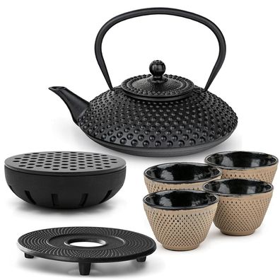 Bredemeijer Teeset 1,25 L Gusseisen schwarz 4 Becher sand Untersetzer Teewärmer