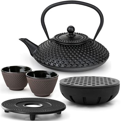 Bredemeijer Teeset 1,25 L Gusseisen schwarz 2 Becher lila Untersetzer Teewärmer
