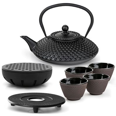 Bredemeijer Teeset 1,25 L Gusseisen schwarz 4 Becher lila Untersetzer Teewärmer